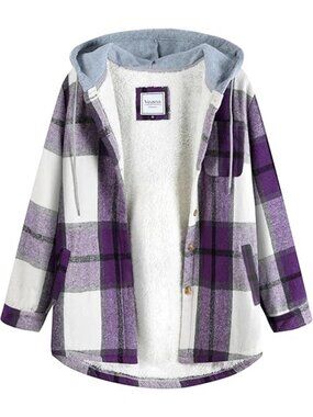 Purple Women's Plaid Flannel Long Sleeve Fleece Jacket Winter Coat